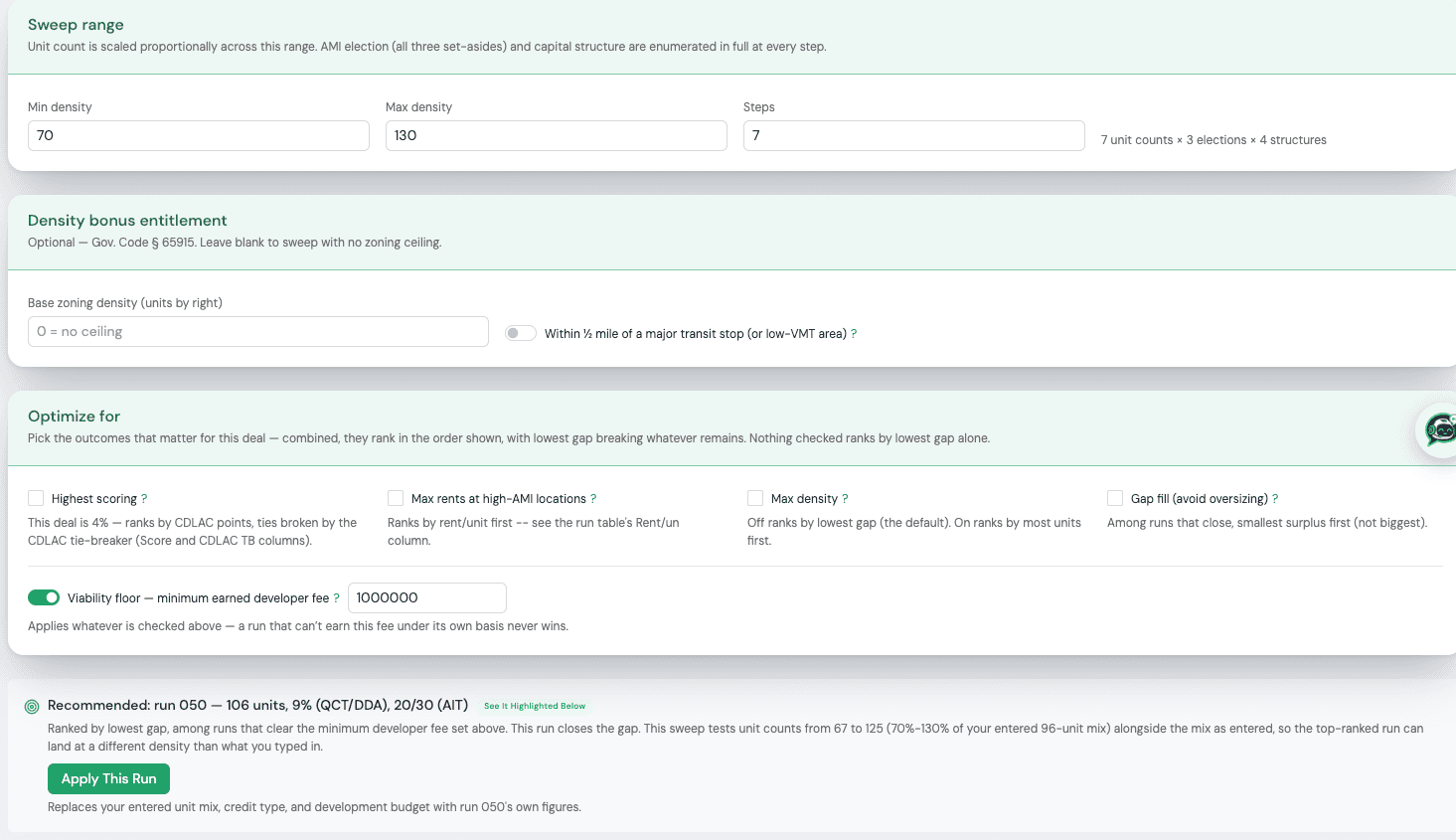 Subsidy Stack Optimizer — Set the sweep and optimization priorities tab