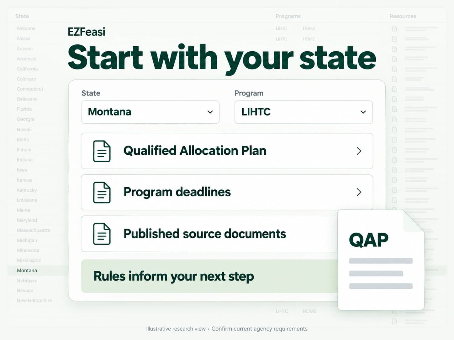State research illustration with Montana and LIHTC selected, linking to the QAP, program deadlines and published source documents.