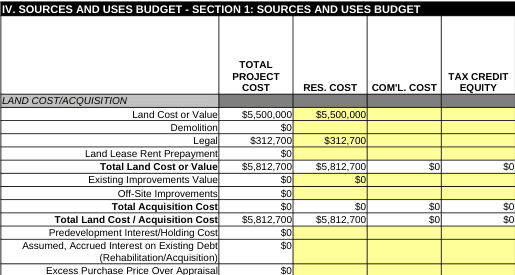 Exported sources and uses worksheet with $5,500,000 land cost and $312,700 legal costs