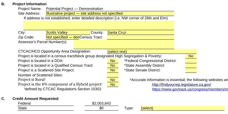 Exported application showing Potential Project, Scotts Valley, Santa Cruz County, and a federal credit request of $2,003,843