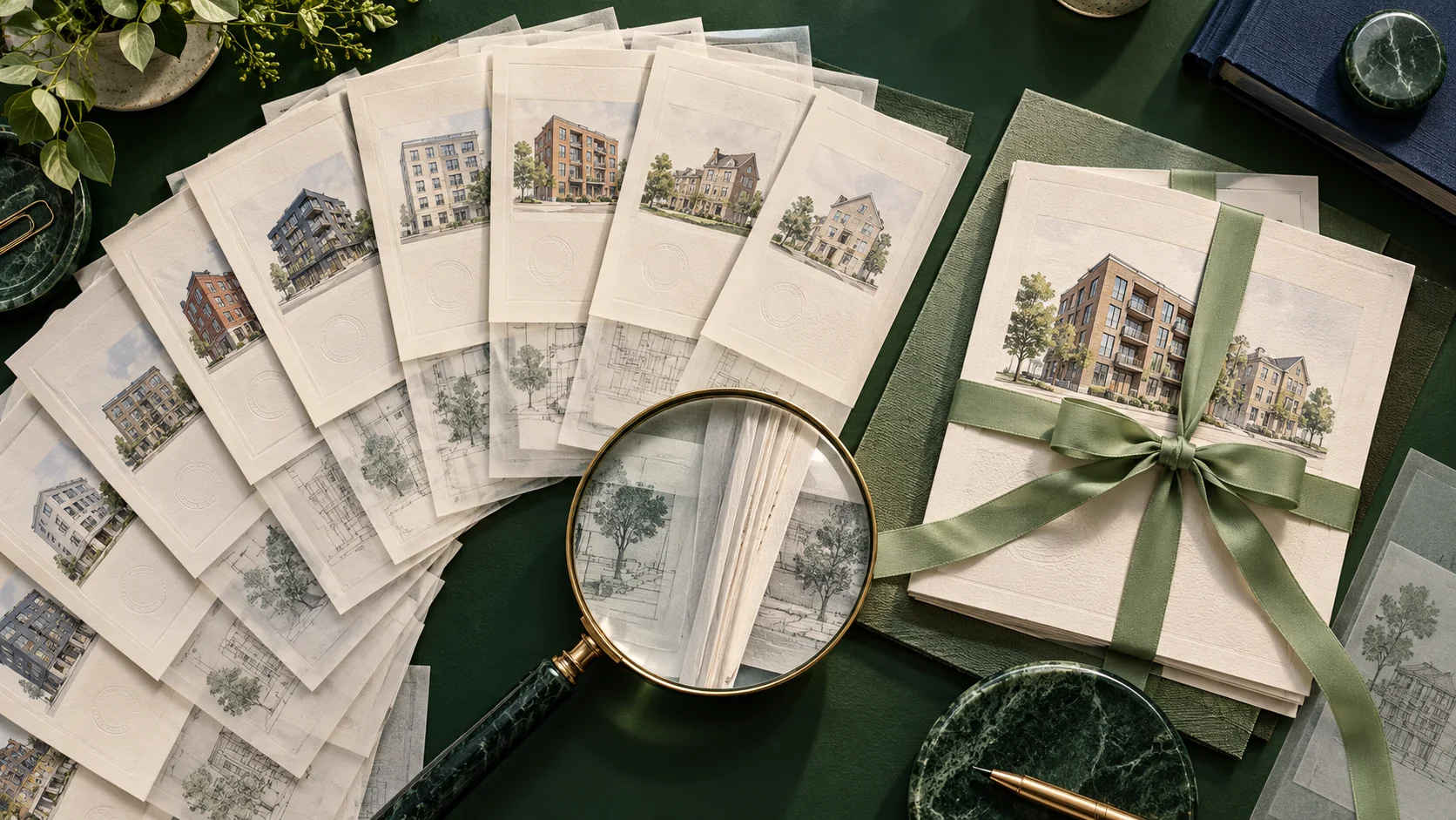 Conceptual paper collage distinguishing submitted housing applications from a separate set of documented awards.